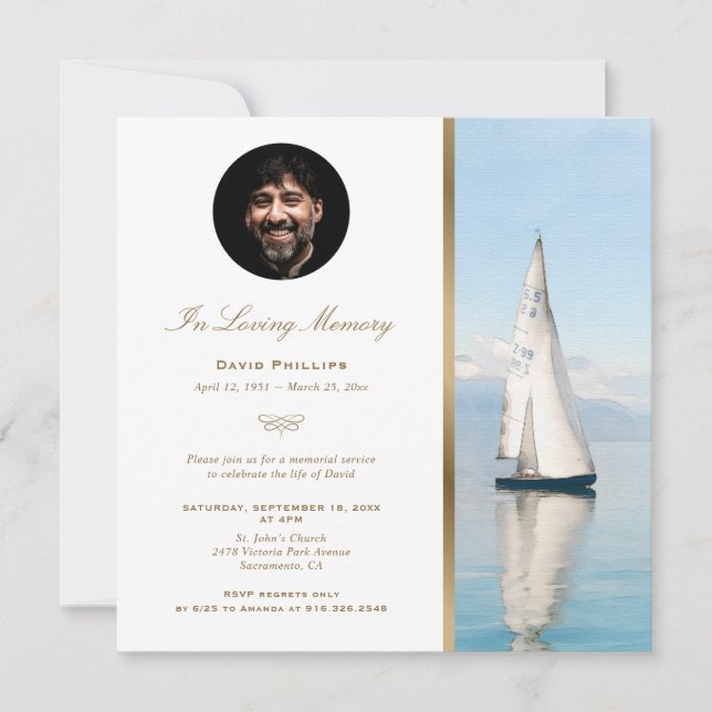 Invitation Bateau Nautical Gold Memorial Service Photo (Devant)