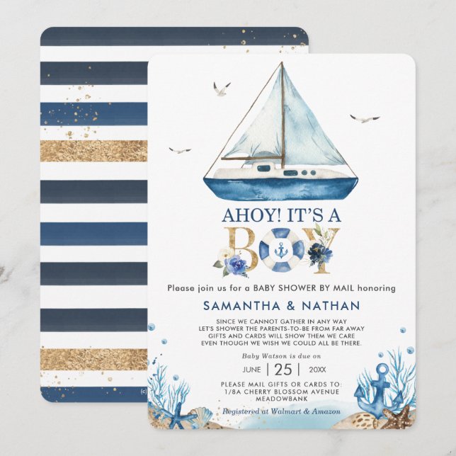 Invitation Bateau nautique Ahoy C'est un Baby shower garçon p (Devant / Derrière)