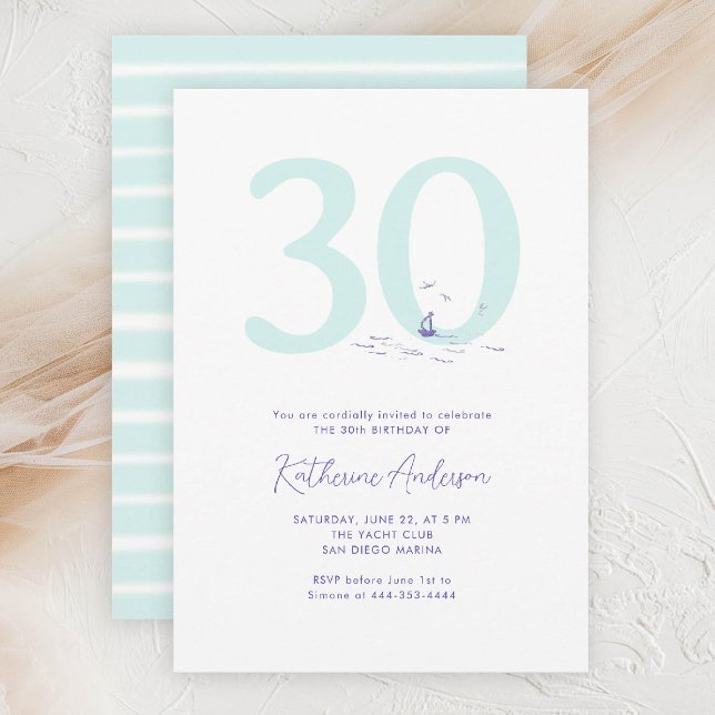 Invitation Bateau Océan Nautique Côte Élégante 30e anniversai (30TH birthday invitation her coastal nautical boat yacht beach waterfront ocean marina modern)