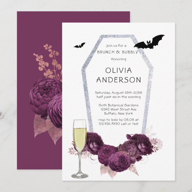 Invitation Bateaux à café Peony Purple Argent Brunch & Bubbly (Devant / Derrière)