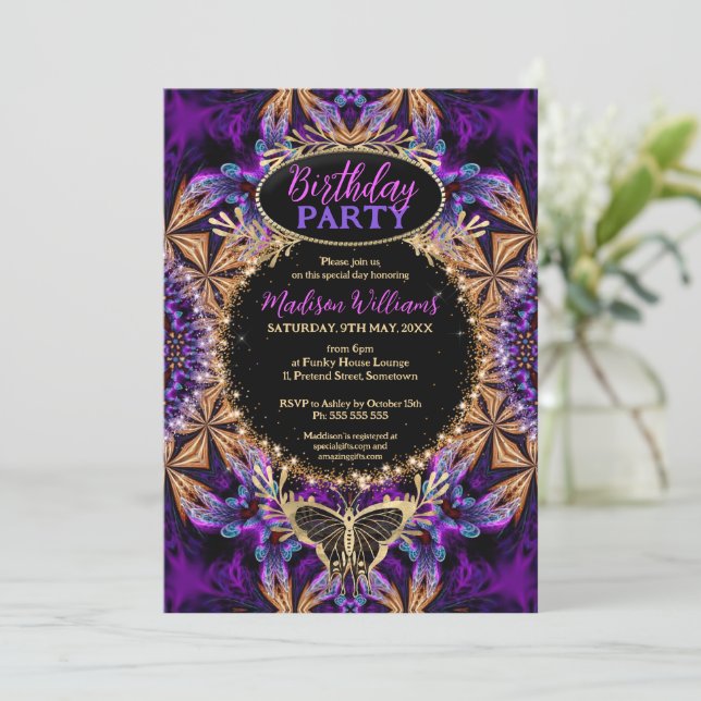 Invitation Batik bohémien Violet rose étincelle Anniversaire (Debout devant)