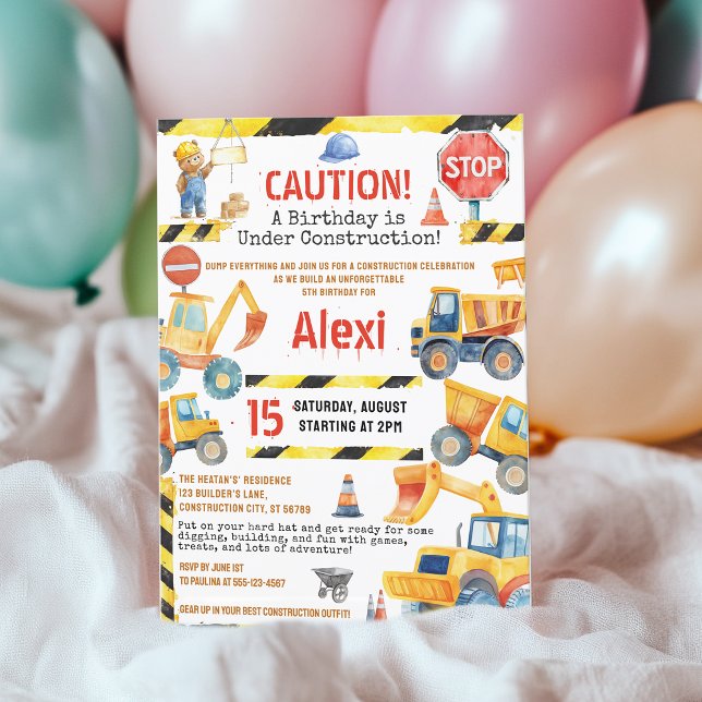 Invitation Bâtiment Zone de construction 5e anniversaire Fête (Builder Construction Zone 5th Birthday Kids party Invitation)