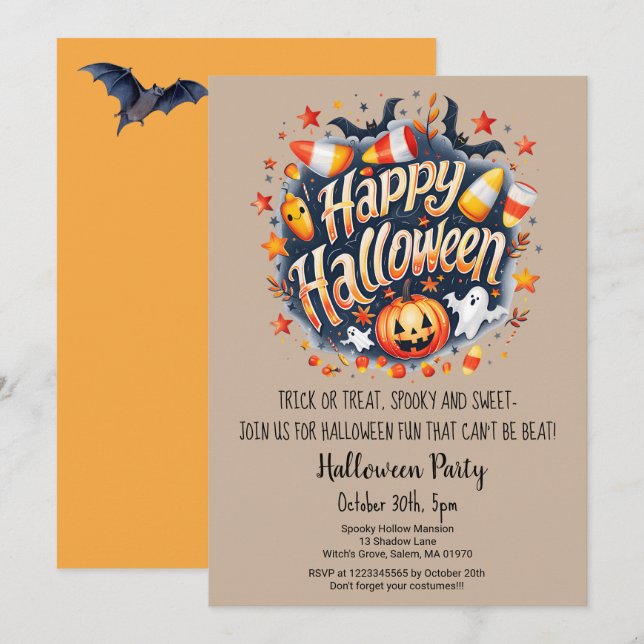 Invitation Bats fantômes Trick ou Treat Citrouille Halloween  (Devant / Derrière)