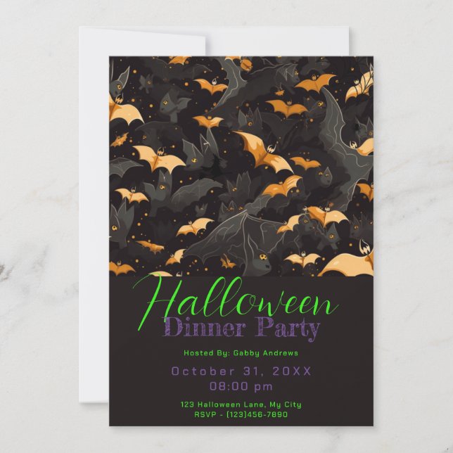 Invitation Bats noirs et dorés Dîner d'Halloween (Devant)