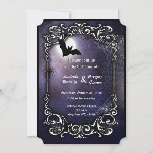 Invitation Batte, lune et araignées avec le décor fleuri (Devant)
