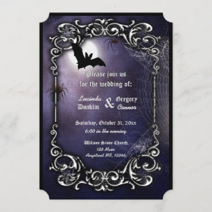 Invitation Batte, lune et araignées avec le décor fleuri