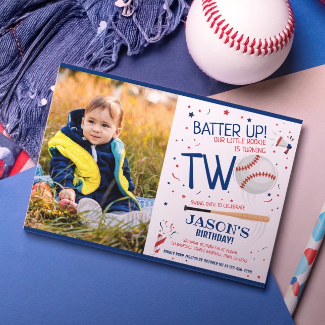 Invitation Batte Up Blue Rookie Baseball Photo 2e anniversair (Créateur téléchargé)