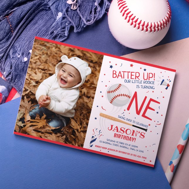 Invitation Batte Up Red Rookie Baseball Photo 1er anniversair (Créateur téléchargé)
