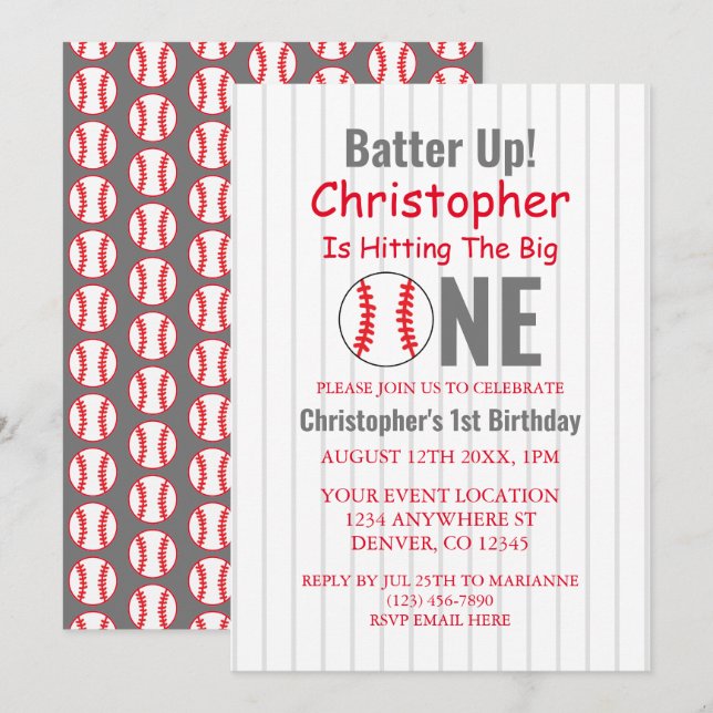 Invitation Batter ! Baseball 1er anniversaire (Devant / Derrière)