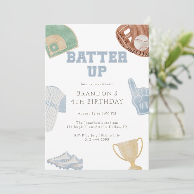 Invitation Batter up Preppy Blue Baseball Bow 4th Birthday  (Debout devant)