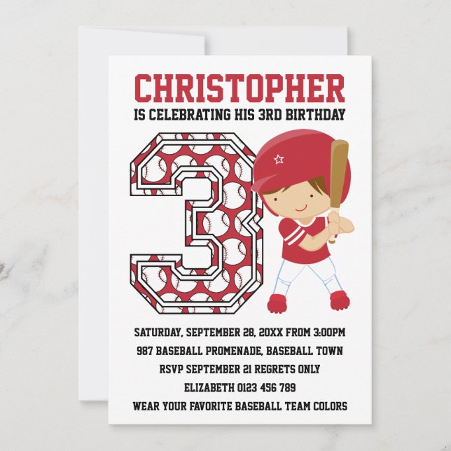 Invitation Batterie de baseball Rouge Blanc 3ème anniversaire (Devant)