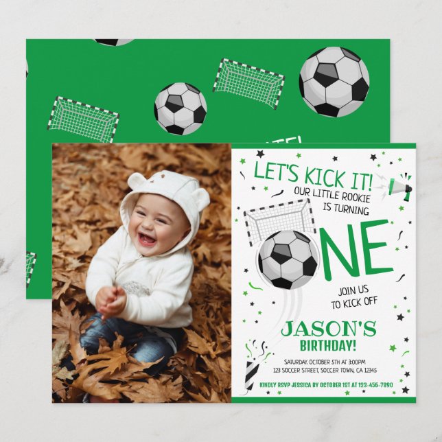 Invitation Battez-le ! Photo de soccer vert 1er anniversaire (Devant / Derrière)