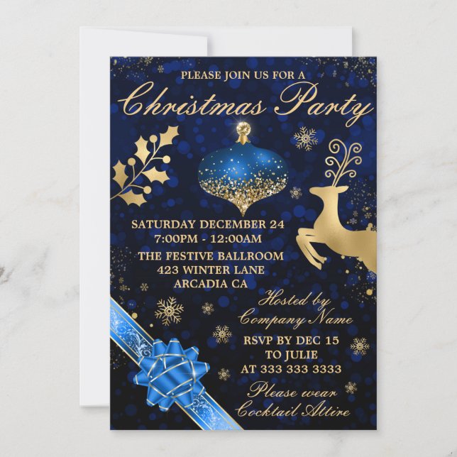 Invitation Bauble bleu et or et fête de Noël au ruban (Devant)