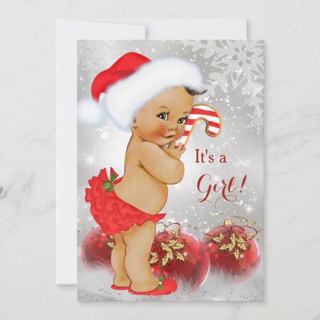 Invitation Bauble rouge Baby shower de Noël Brunette (Devant)