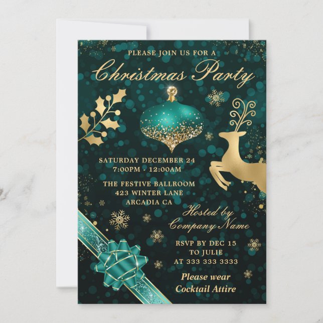 Invitation Bauble turquoise et or et fête de Noël au ruban (Devant)