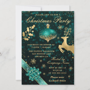 Invitation Bauble turquoise et or et fête de Noël au ruban
