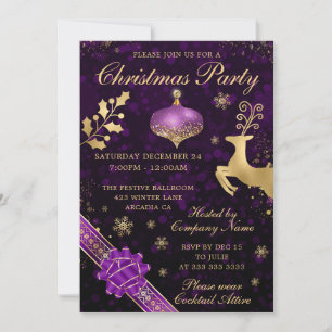 Invitation Bauble violet et or et fête de Noël au ruban