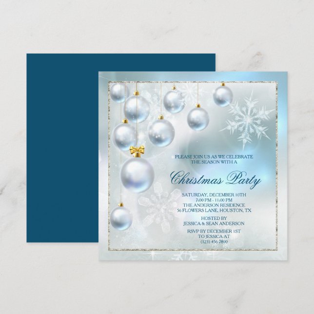 Invitation Baubles d'argent et flocons de neige fête Noël (Devant / Derrière)