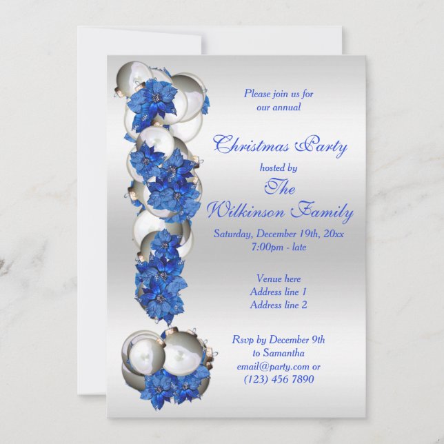 Invitation Baubles d'argent et Poinsettia Bleue Fête de Noël (Devant)