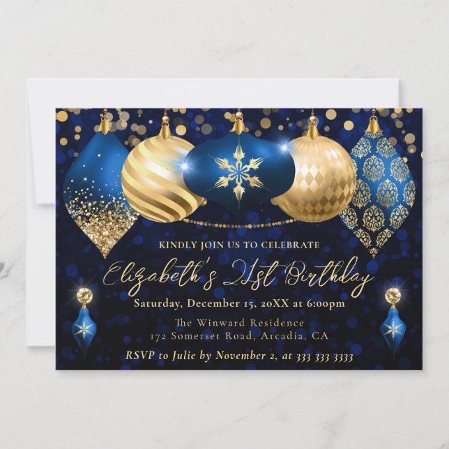 Invitation Baubles de Noël Bleu et Or Anniversaire (Devant)