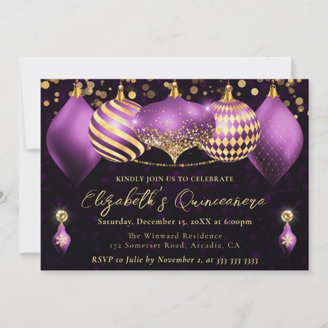 Invitation Baubles de Noël pourpre et or Quinceanera (Devant)