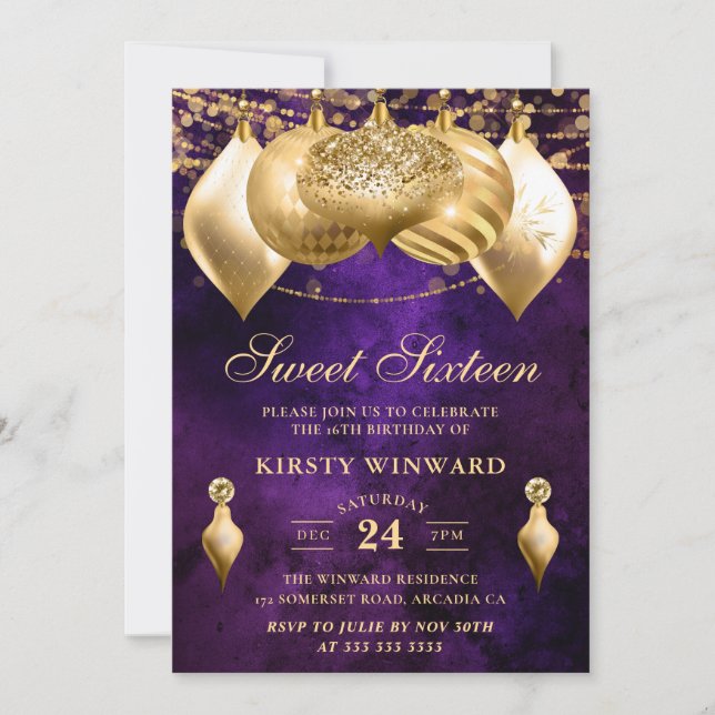 Invitation Baubles de Noël violet et or Sweet sixteen (Devant)