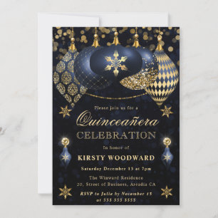 Invitation Baubles de Parties scintillant bleu et or Quincean