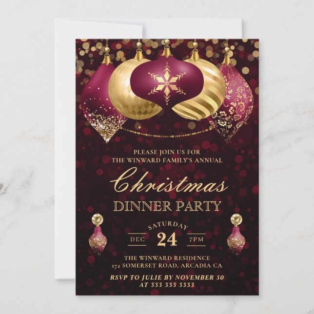 Invitation Baubles d'or et de Bourgogne (Devant)