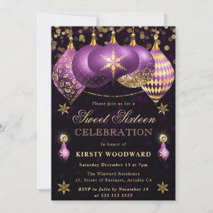 Invitation Baubles Fête Douze ans Violet et Or Pailletés