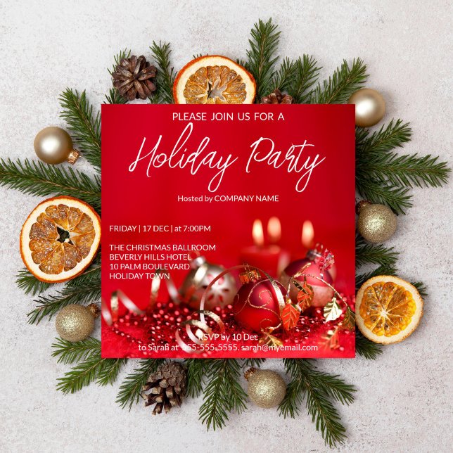 Invitation Baubles rouge et or arrière - plan Vacances (Christmas Holiday party editable template invitation digital download red baubles gold corporate )