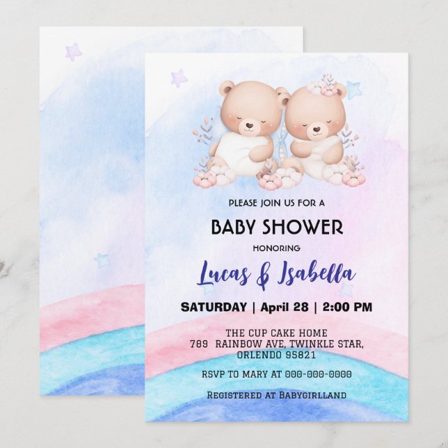 Invitation Baudrier à baudrier à baudrier mignon baby shower (Devant / Derrière)