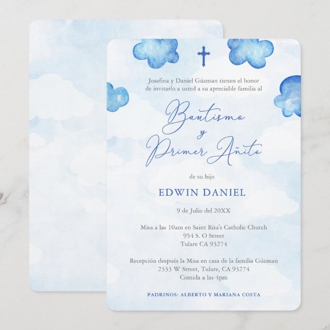 Invitation Bautismo Primer Cumple, Baptême garçon 1er anniver (Devant / Derrière)
