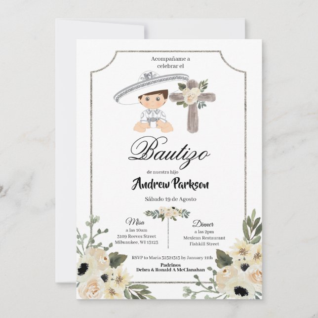 Invitation Bautizo Boy Charro en argent blanc mexi (Devant)