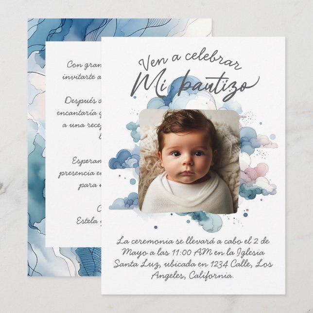 Invitation Bautizo con foto Espagnol Aquarelle (Devant / Derrière)