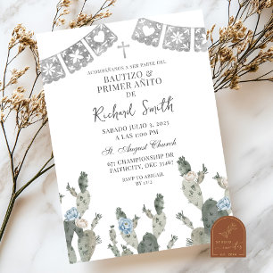 Invitation Bautizo de cactus mexicain poussiéreux bleu argent