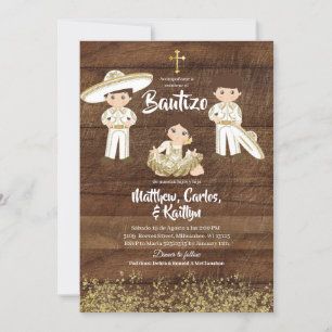 Invitation Bautizo de frère et soeur Charro Or Cactus Mexicai