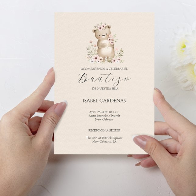 Invitation Bautizo De Niña Cute Bear En Espagnol Aquarelle (Bautizo De Niña Cute Bear In Spanish Watercolor Invitation)