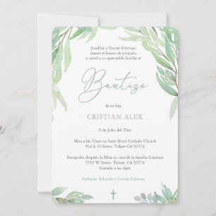 Invitation Bautizo Espagnol Feuille Vert, Baptême Garçon Vert