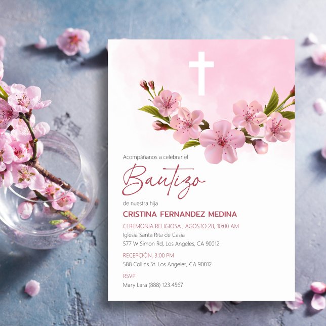 Invitation Bautizo Invitacion Baptême Fleurs roses japonaises (Créateur téléchargé)