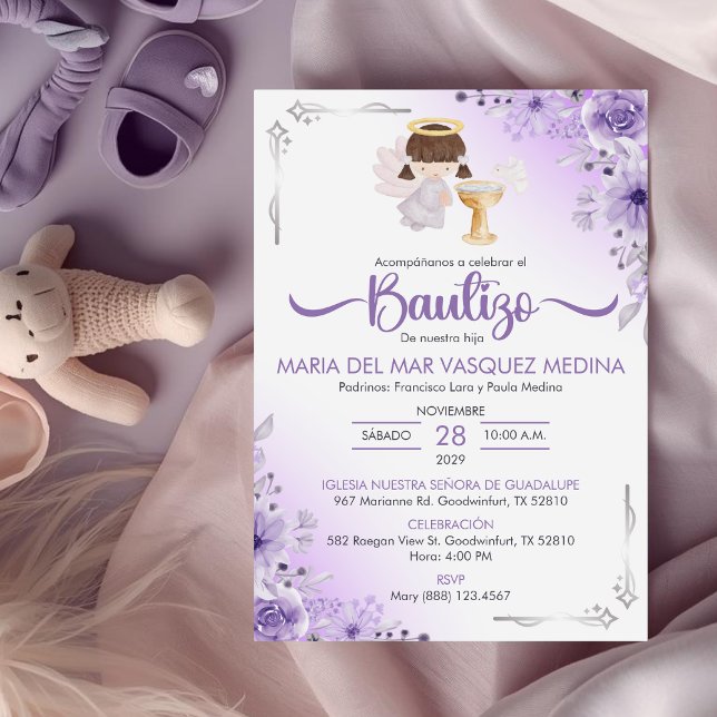 Invitation Bautizo Invitacion Cute Girl Angel Fleurs Baptême (Créateur téléchargé)