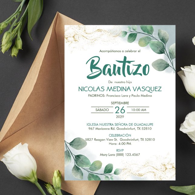 Invitation Bautizo Invitacion Green Feuilles Baptême religieu (Créateur téléchargé)