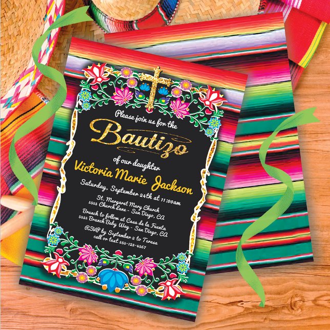 Invitation Bautizo Mexicaine Fiesta Party Gold Parties scinti (Créateur téléchargé)