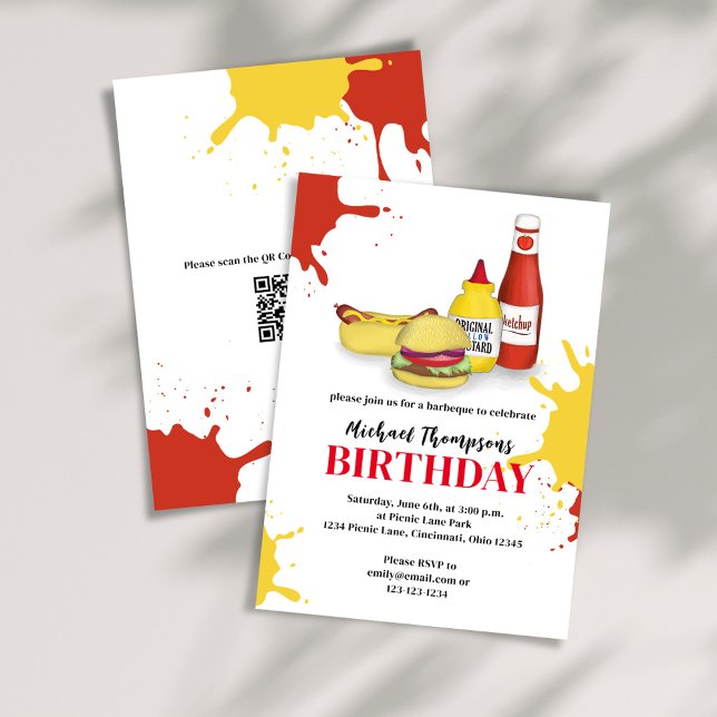 Invitation BBQ Anniversaire Typographie Été Cuisine (Birthday invitation with hamburger, hotdog, ketchup, and mustard. With a scannable QR Code. )