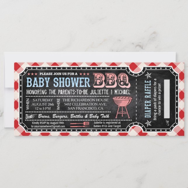 Invitation BBQ Baby shower Billet de plongée Raffle Invitatio (Devant)