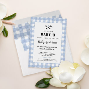 Invitation BBQ Baby Shower en gingham bleu clair à carreaux