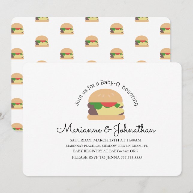 Invitation BBQ Baby shower minimaliste bébé Q Jardin Burger (Devant / Derrière)