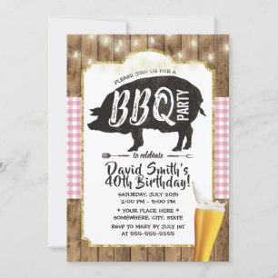 Invitation BBQ & Beer Rose Plaid String Lumières Anniversaire