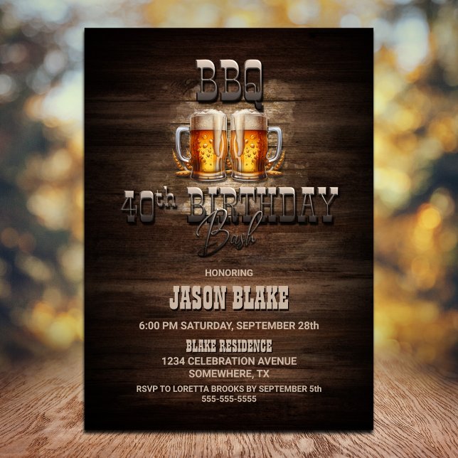 Invitation BBQ Beers Wood 40th Birthday Party (Créateur téléchargé)