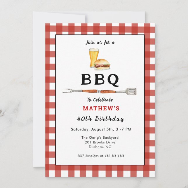 Invitation BBQ Burger & Bière pour adultes fête d'anniversair (Devant)