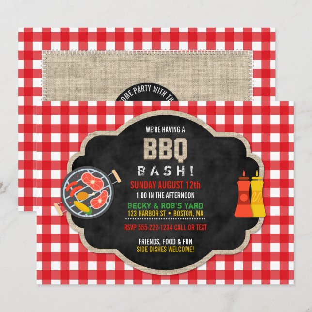 Invitation BBQ Chalkboard Rouge À damiers Burlap Country Cute (Devant / Derrière)